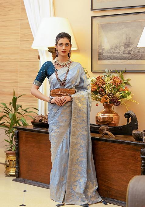 Sky Blue Zari Woven Satin Silk Saree Set