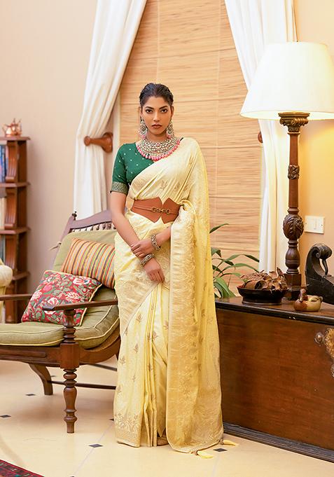 Yellow Zari Woven Satin Silk Saree Set