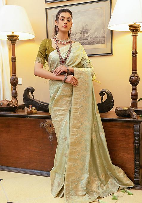 Green Zari Woven Satin Silk Saree Set