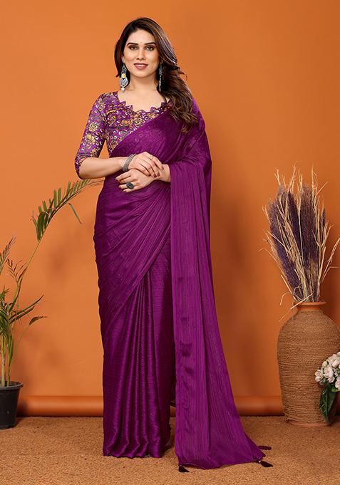 Magenta Digital Print Polyester Zari Saree Set