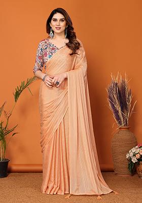 Orange Digital Print Polyester Zari Saree Set