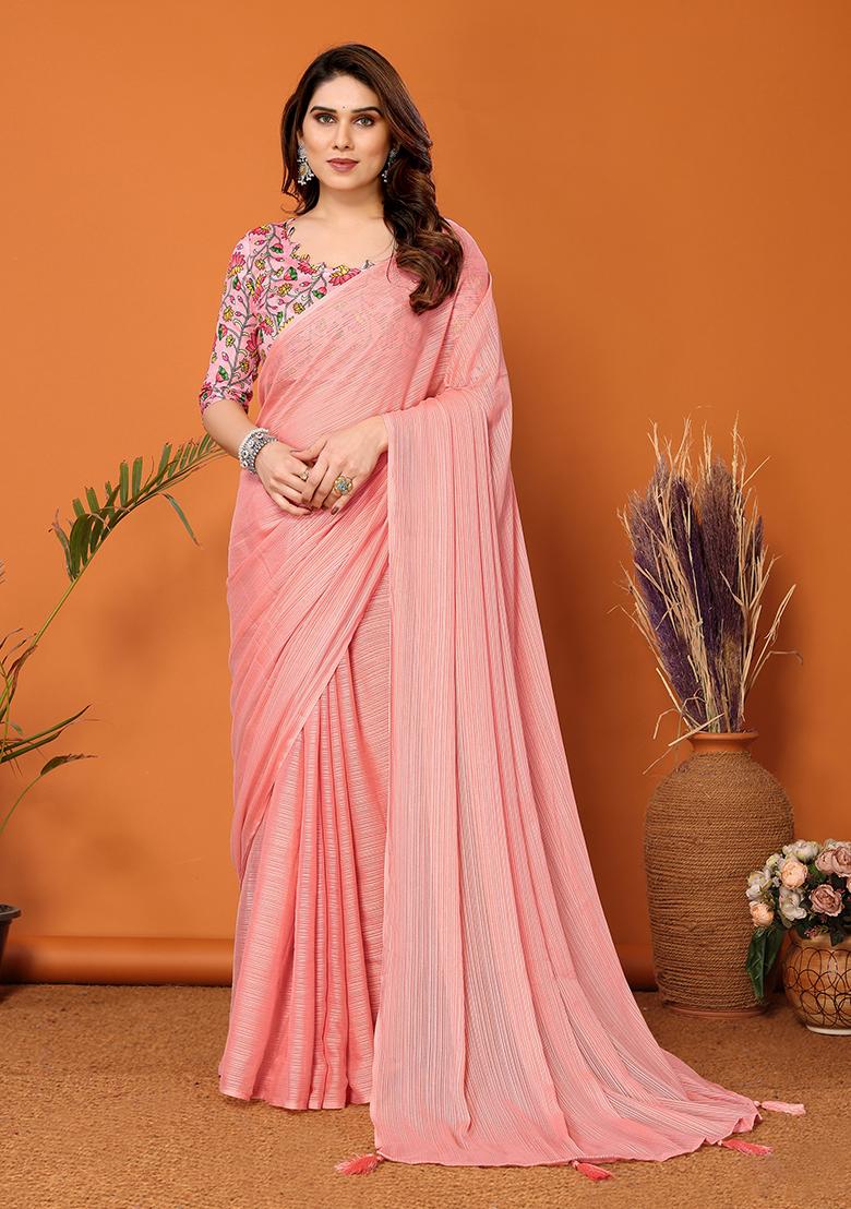 Peach Digital Print Polyester Zari Saree Set