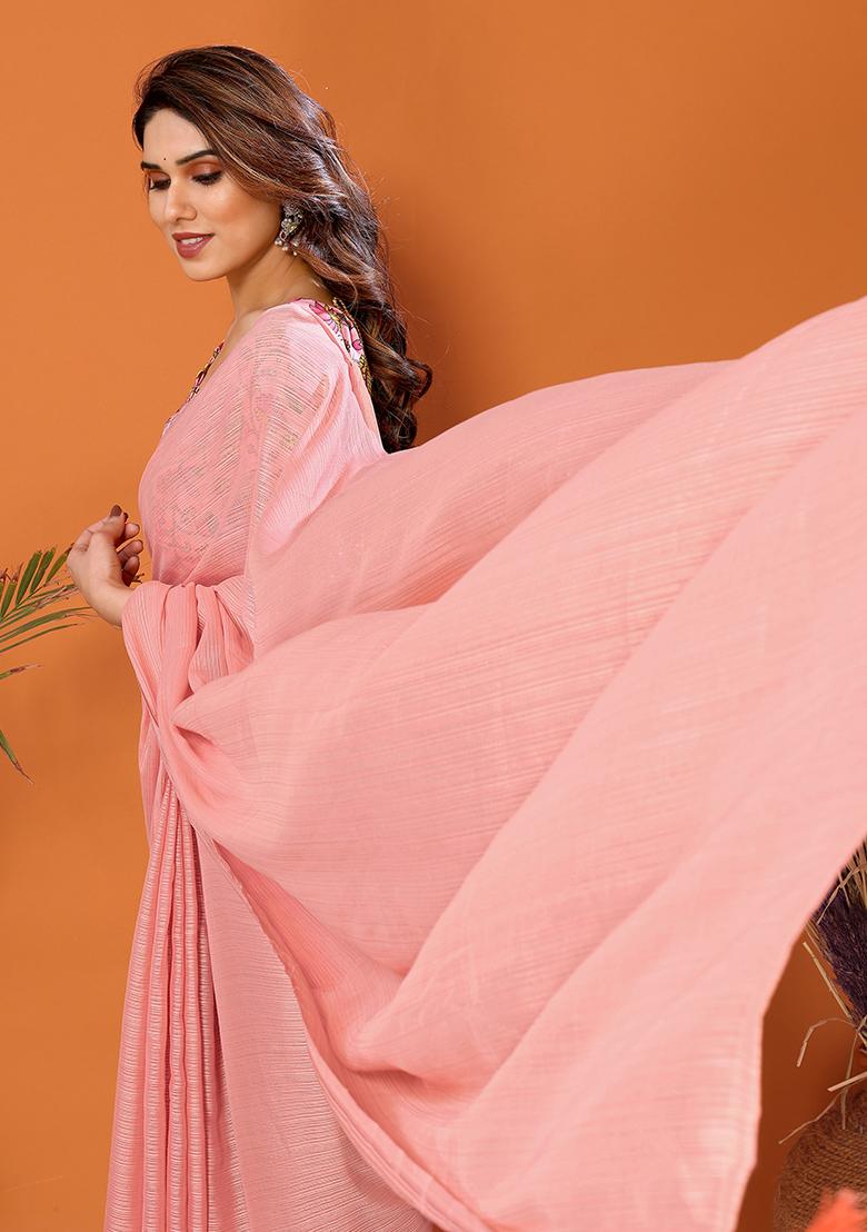 Peach Digital Print Polyester Zari Saree Set