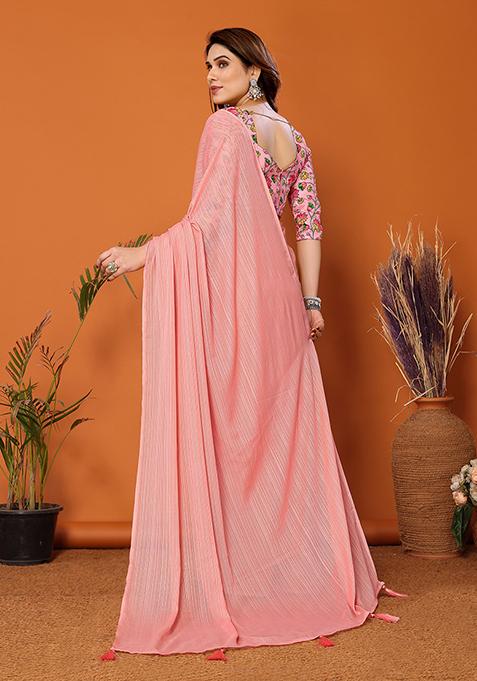 Peach Digital Print Polyester Zari Saree Set