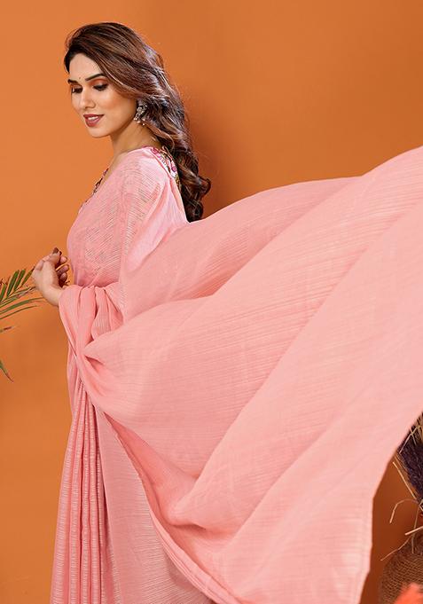 Peach Digital Print Polyester Zari Saree Set