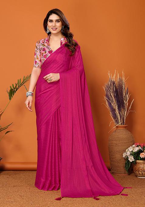 Pink Digital Print Polyester Zari Saree Set