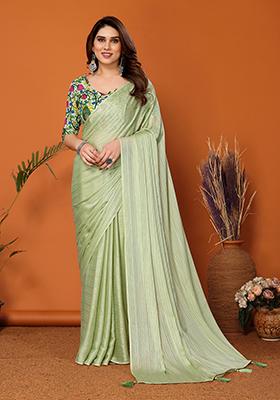 Pista Green Digital Print Polyester Zari Saree Set