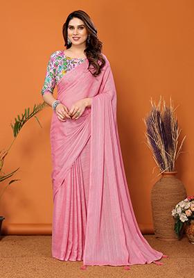 Rose Pink Digital Print Polyester Zari Saree Set