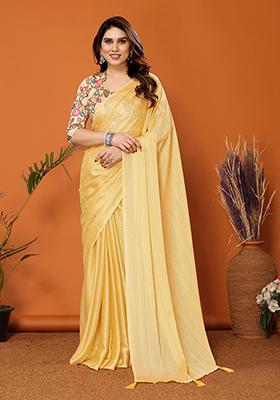 Yellow Digital Print Polyester Zari Saree Set