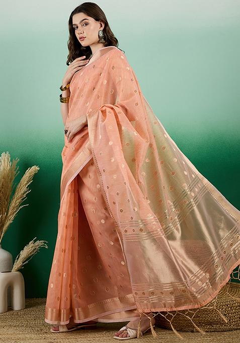 Orange Woven Jacquard Khadi Organza Saree Set