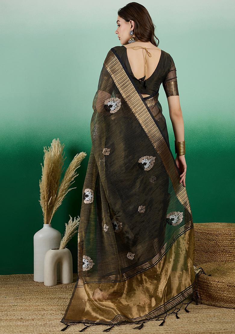 Blue Woven Embroidered Khadi Organza Saree Set