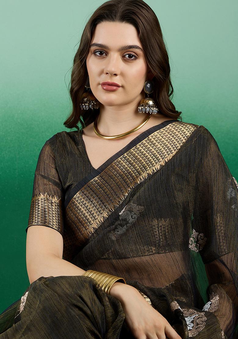 Blue Woven Embroidered Khadi Organza Saree Set