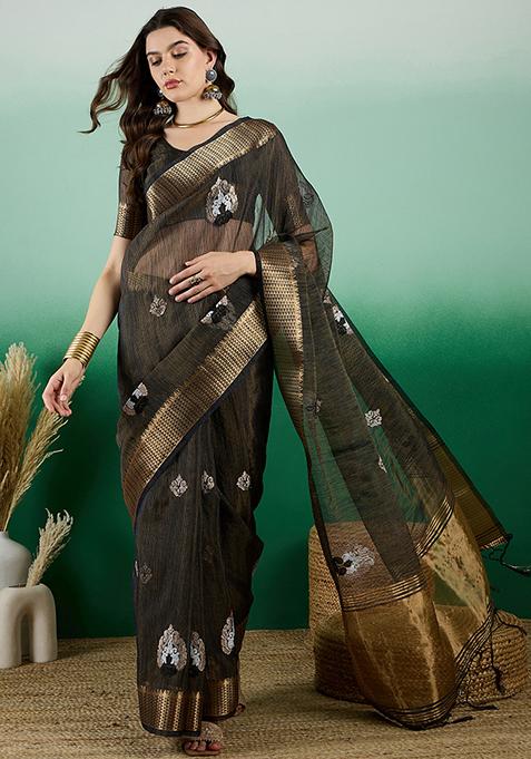 Blue Woven Embroidered Khadi Organza Saree Set
