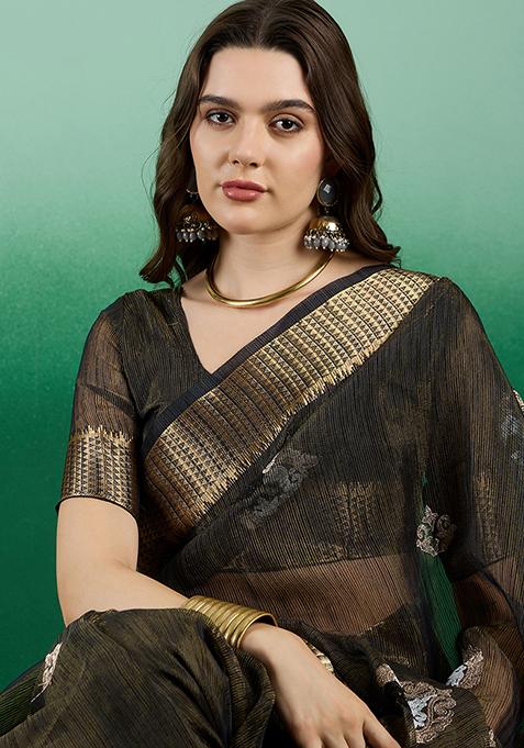 Blue Woven Embroidered Khadi Organza Saree Set