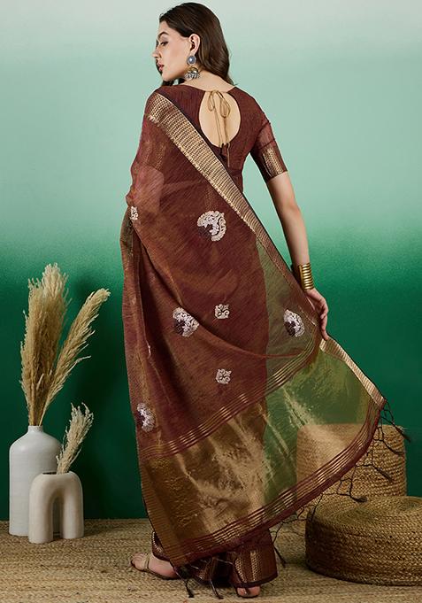 Brown Woven Embroidered Khadi Organza Saree Set