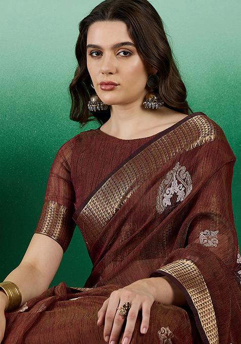 Brown Woven Embroidered Khadi Organza Saree Set