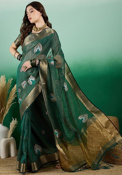 Green Woven Embroidered Khadi Organza Saree Set