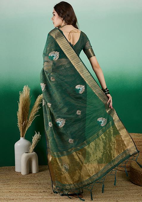Green Woven Embroidered Khadi Organza Saree Set