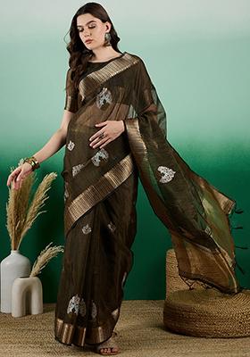 Mehendi Woven Embroidered Khadi Organza Saree Set