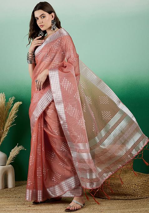 Orange Woven Jacquard Khadi Organza Saree Set