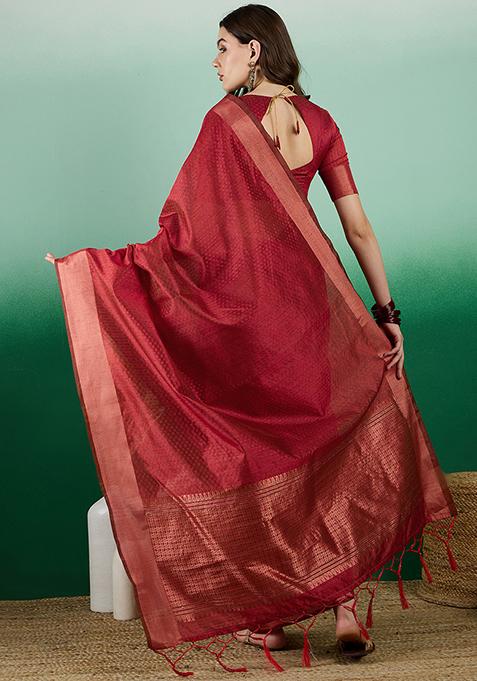 Red Woven Khadi Organza Saree Set