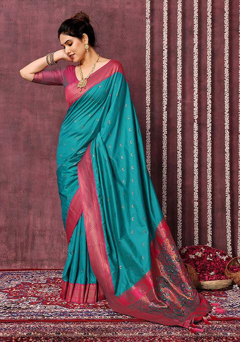 Blue Zari Woven Silk Blend Saree Set