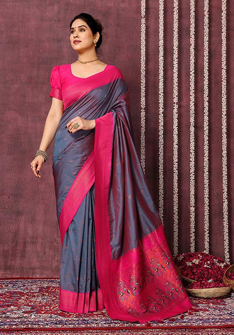 Grey Zari Woven Silk Blend Saree Set