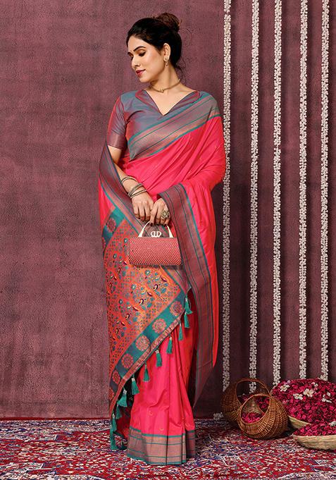 Pink Zari Woven Silk Blend Saree Set