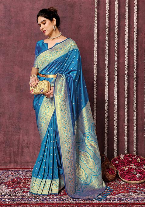 Blue Zari Woven Silk Blend Saree Set