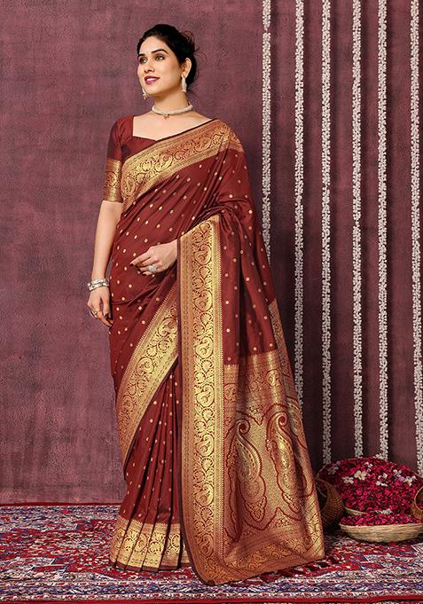 Rust Zari Woven Silk Blend Saree Set