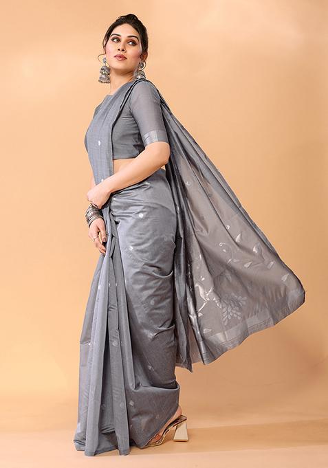 Grey Zari Woven Chanderi Silk Saree Set