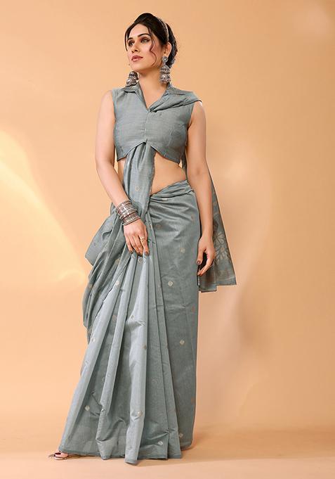 Grey Zari Woven Chanderi Silk Saree Set