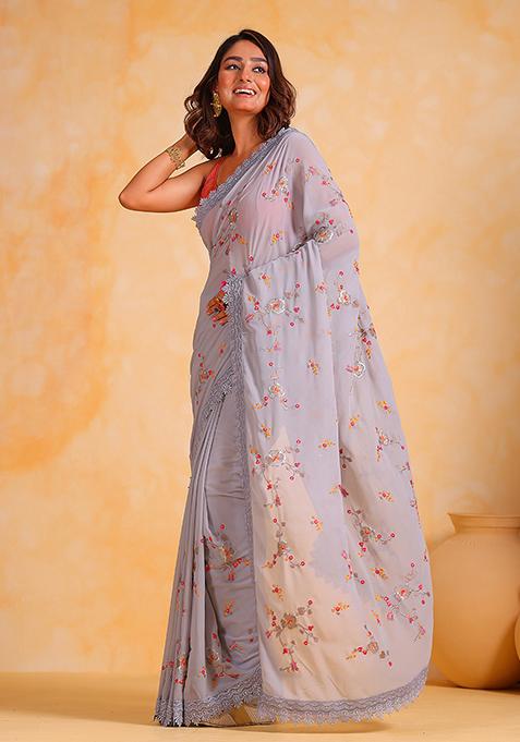 Grey Thread Embroidered Georgette Saree Set