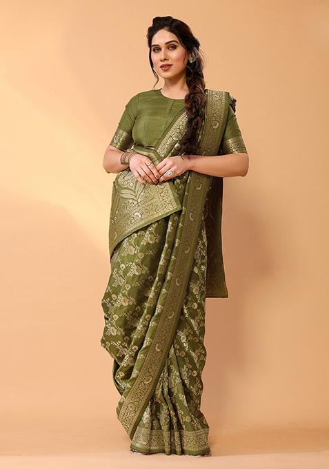 Green Woven Chanderi Silk Saree Set