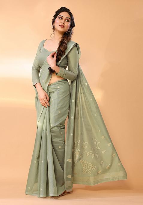 Grey Woven Chanderi Silk Saree Set