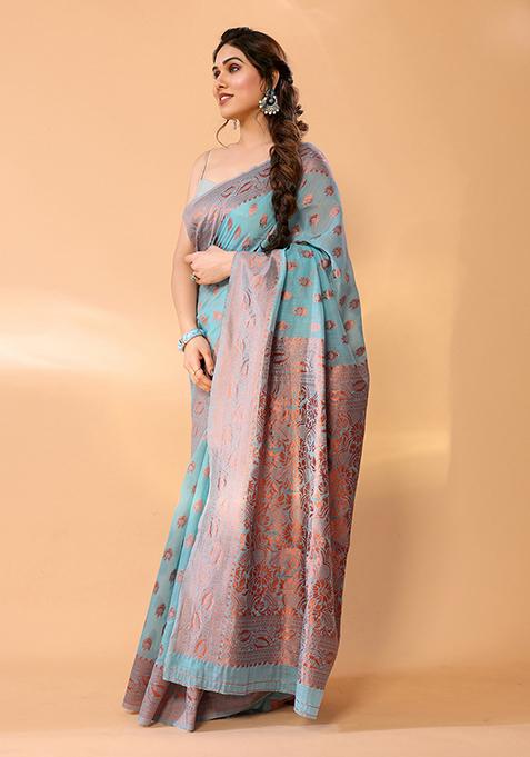 Blue Woven Chanderi Silk Saree Set