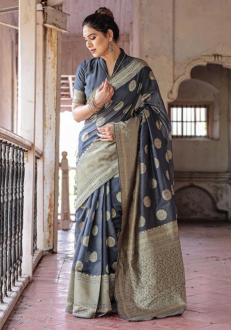 Dark Grey Zari Woven Chanderi Silk Saree Set