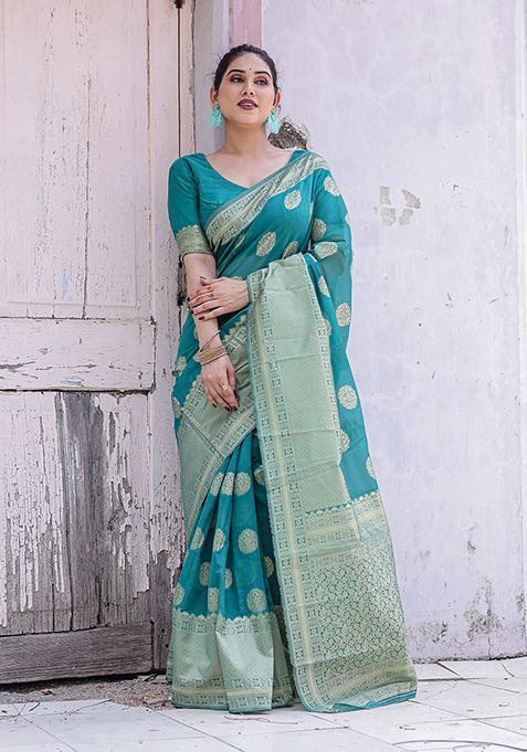 Rama Green Zari Woven Chanderi Silk Saree Set