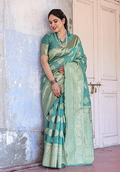 Sea Green Zari Woven Chanderi Silk Saree Set