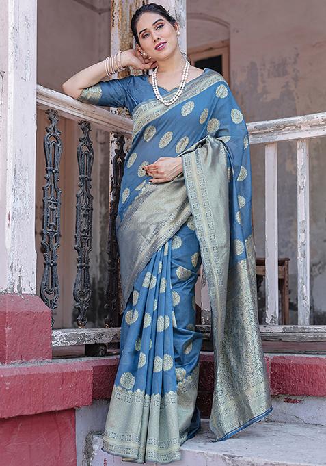 Blue Zari Woven Chanderi Silk Saree Set