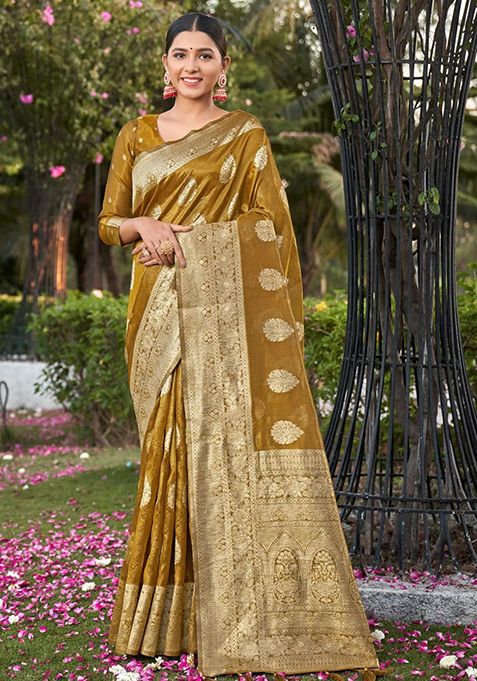 Mustard Yellow Zari Woven Simmer Silk Saree Set