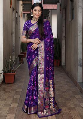 Lavender Bandhej Hand Print Dola Silk Saree Set