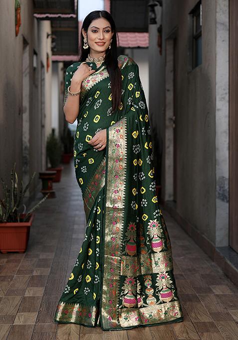 Green Bandhej Hand Print Dola Silk Saree Set