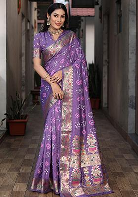 Lavender Bandhej Hand Print Dola Silk Saree Set