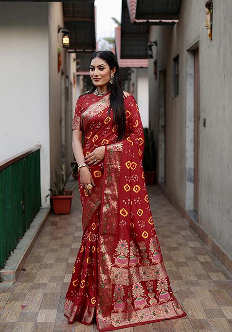 Maroon Bandhej Hand Print Dola Silk Saree Set