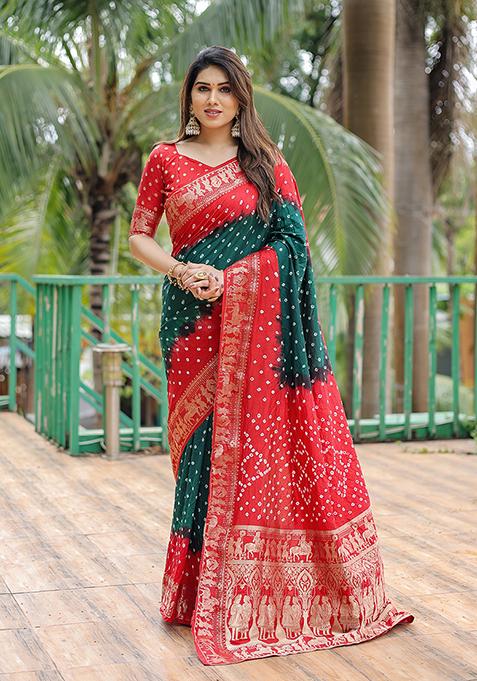 Green Bandhej Print Dola Silk Saree Set