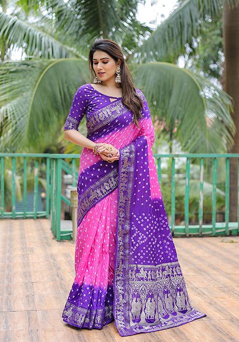 Pink Bandhej Print Dola Silk Saree Set