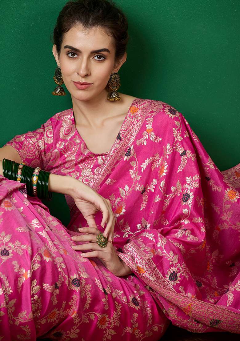 Pink Woven Staple Dola Cotton Saree Set - Indya