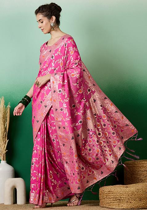 Pink Woven Staple Dola Cotton Saree Set