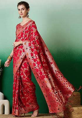Red Woven Staple Dola Cotton Saree Set